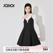 Jamor黑白撞色拼接连衣裙女2024春季假两件时尚连衣裙加末