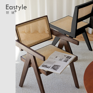 中古侘寂实木藤编餐椅日式靠背，设计师昌迪加尔椅子家用扶手书桌椅