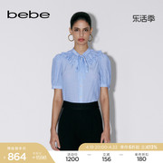 bebe春夏系列女士花边领系带甜美条纹短袖泡泡袖衬衫260201