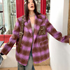 紫色大格子美式复古加厚宽松保暖冬季呢料西装领毛呢外套女中长款