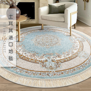 土耳其蓝色圆地毯客厅卧室，床边毯圆形美式轻奢欧式电脑椅地垫