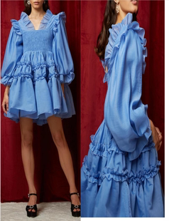 连衣裙女蓝欧根纱长袖灯笼，袖蓬蓬裙弹力，绣花荷叶边套头公主裙