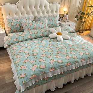 韩式公主风100%纯棉床盖四件套花边夹棉三件套床裙被套床上4件套
