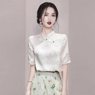 夏季新中式国风白色立领，盘扣提花雪纺短袖，衬衫女小衫气质上衣