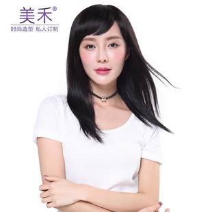 美禾 假发女长发自然全头套 真人发丝头套式中长直发斜刘海假发套