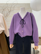 小哲紫色v领针织开衫，女春秋韩系系带，宽松慵懒风软糯毛衣外套上衣