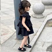 韩版女童黑色背心裙雪纺2022夏季儿童飞袖蛋糕裙宝宝高级感连衣裙