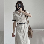 韩国chic夏季法式复古气质翻领单排扣收腰显瘦短袖连衣裙配腰带女