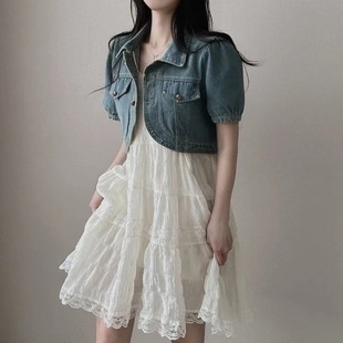 韩国chic夏季甜美超仙褶皱蕾丝吊带连衣裙＋牛仔短袖短外套两件套