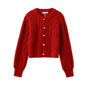 圣诞节新年过年短款毛衣女，款秋冬2023小个子大红针织，开衫外套