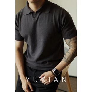 yuxian余闲纯色v领针织polo衫美式复古马球翻领，t恤短袖纯棉男士