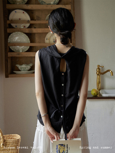 梨山lesemi法式复古小众夏季背后镂空纽扣设计黑色无袖内搭背心女