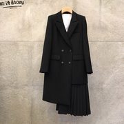 2024韩版宽松显瘦黑色小西装外套，女中长款时尚，气质拼接百褶西服潮