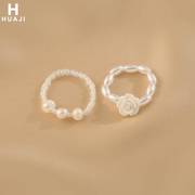 花迹白色玫瑰花朵戒指女时尚个性小众设计感珍珠食指戒两件套指环