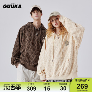 GUUKA潮牌cityboy日系连帽卫衣男情侣奶黄色复古满印帽衫宽松