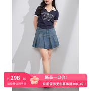 三彩大码女装2024夏季高腰百褶牛仔裙短裙拼接A字显瘦胖MM