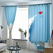 窗帘儿童房可爱卡通蓝色，窗帘布料男孩女孩卧室小孩房间遮光布