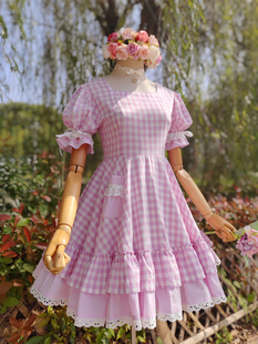 兔子大人|手作服vintage洛丽塔，格子圆舞裙，360度超大圆摆连衣裙