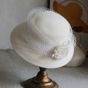 法式赫本风优雅白色网纱毛呢礼帽，女英伦高端帽子女秋冬渔夫帽盆帽