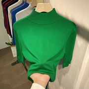 欧货2024年修身五分袖针织衫女薄款高领打底衫女洋气绿色上衣