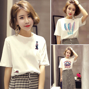 夏季白色短袖t恤女韩版宽松显瘦字母印花刺绣，纯棉圆领上衣潮