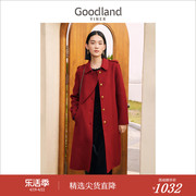 绵羊毛Goodland美地女装2023冬季中国红风衣式双面毛呢大衣