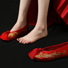 老北京新娘鞋手工绣花婚鞋红色秀禾鞋子，千层底中式平底跟布鞋女