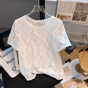 白色气质蕾丝镂空短袖2024夏季上衣女显瘦韩版简约洋气百搭t恤衫