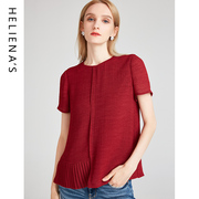 海兰丝2023夏季气质圆领，套头红色上衣洋气，不规则短袖雪纺衫女