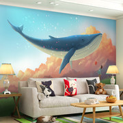 男孩卧室背景墙纸卡通儿童房壁纸，梦幻星空蓝色，海洋鲸主题壁画墙布