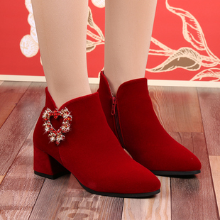 结婚鞋子冬季女短靴中跟秀禾婚纱两穿新娘，鞋中式红色加绒冬天红鞋