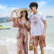 海边沙滩旅游情侣装夏装民族，风女连衣裙子男套装，泰国蜜月度假