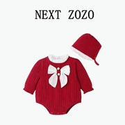 英国Next Zozo婴儿韩版蝴蝶结包屁衣女宝宝春秋红色时尚满月礼服