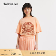 Holzweiler女式浅橘色宽松休闲沙滩风格印花T恤