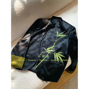 山卿也yamakawa「墨与绿」醋酸高工艺(高工艺，)刺绣立领新中式西装外套