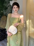 夏季新中式国风禅意复古印花设计感吊带连衣裙女高级感两件套