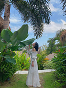 巴厘岛海边度假沙滩裙一字，领露肩泡泡，袖连衣裙chic温柔仙女裙长裙