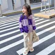 女童毛衣秋冬韩版儿童洋气紫色不规则慵懒撞色格子针织衫童装
