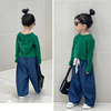 春秋韩国儿童绿色连帽长袖针织衫外套男童女童洋气修身套头毛衣