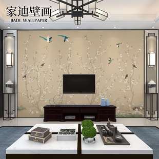 新中式电视背景墙壁纸古典花鸟墙纸客厅卧室全屋满铺壁画定制墙布