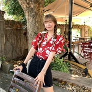 日系少女~夏季文艺度假风港味复古红色印花衬衫显瘦翻领短袖上衣