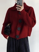 法式秋冬季复古红色拉链毛衣，针织开衫女翻领外套针织洋气上衣