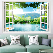 假窗户自粘3d立体墙壁贴画，客厅装饰画卧室，风景大自然防水墙贴墙纸