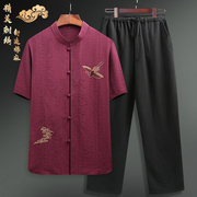 中国风男装夏季唐装中老年人，棉麻短袖套装，薄款爸爸衬衫中式爷爷装
