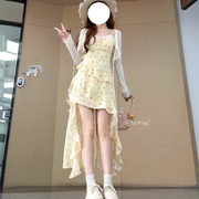 大码胖mm纯欲不规则后长前短碎花吊带连衣裙开衫女春夏显瘦中长裙