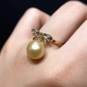 DIY珍珠配件 G18K黄金珍珠戒指空托 蝴蝶结指环女款 配6-9mm圆珠