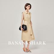 bananashark时髦精b备_卡其色衬衫裙复古优雅中长款无袖连衣裙