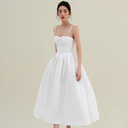 品牌授权 越南小众CICI 2021夏季吊带珍珠纯色扭结名媛连衣裙