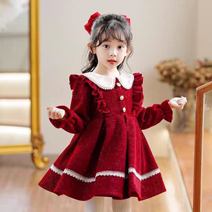 女童连衣裙2024春秋款长袖加绒加厚洋气红色冬季儿童过年裙子