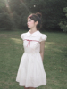 南西 红丝带蕾丝花边娃娃领连衣裙短袖2023夏季白色初恋裙